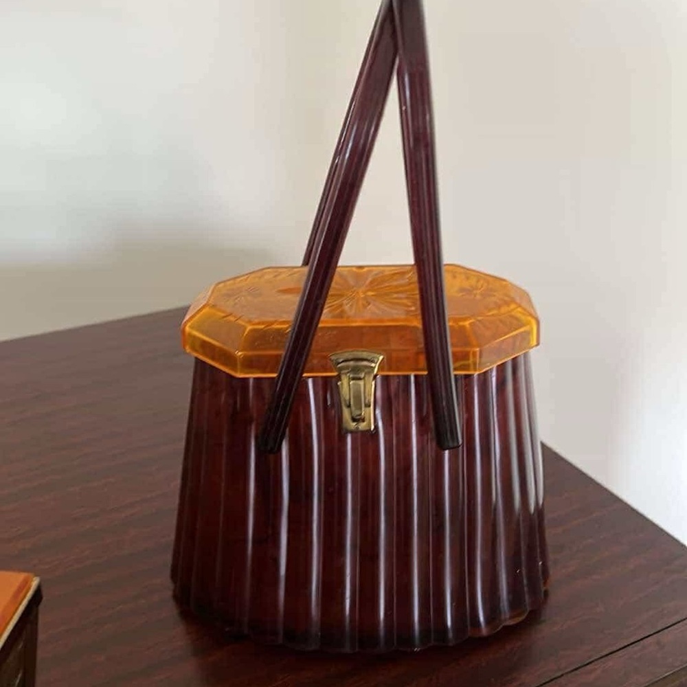 Vintage Lucite Brown and Orange Barrel Bag with Gold Clasp